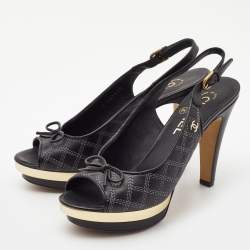 Chanel Black Leather Peep Toe Slingback Pumps Size 37.5     