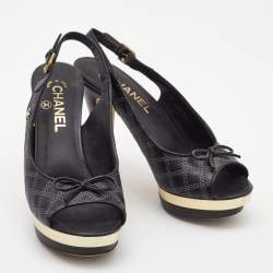 Chanel Black Leather Peep Toe Slingback Pumps Size 37.5     