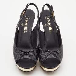 Chanel Black Leather Peep Toe Slingback Pumps Size 37.5     