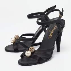 Chanel Black Satin and Canvas Ankle Strap Sandals Size 39