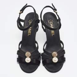 Chanel Black Satin and Canvas Ankle Strap Sandals Size 39