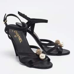 Chanel Black Satin and Canvas Ankle Strap Sandals Size 39