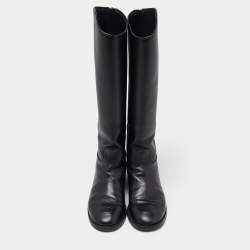 Chanel Black Leather CC Cap Toe Knee Length Boots Size 38