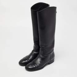 Chanel Black Leather CC Cap Toe Knee Length Boots Size 38