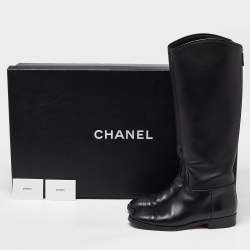 Chanel Black Leather CC Cap Toe Knee Length Boots Size 38
