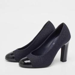 Pre Owned Chanel Blue/Black Lurex Fabric and Patent CC Cap Toe Pumps Size 36.5