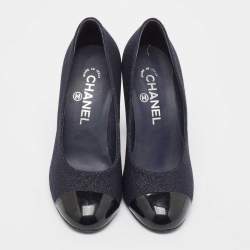 Pre Owned Chanel Blue/Black Lurex Fabric and Patent CC Cap Toe Pumps Size 36.5