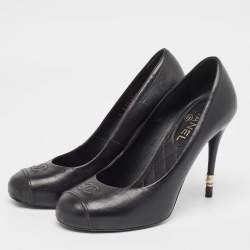 Pre Owned Chanel Black Leather CC Pearl Heel Cap Toe Pumps Size 37