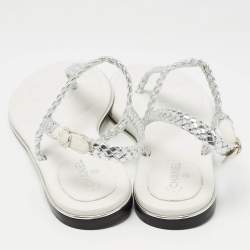 Chanel Silver Twisted Leather Slingback Flat Sandals Size 40.5