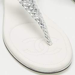 Chanel Silver Twisted Leather Slingback Flat Sandals Size 40.5