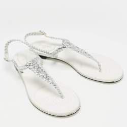 Chanel Silver Twisted Leather Slingback Flat Sandals Size 40.5