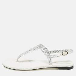 Chanel Silver Twisted Leather Slingback Flat Sandals Size 40.5