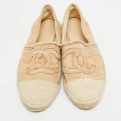 Pre Owned Chanel Beige Canvas  CC Cap Toe Espadrille Flats Size 37