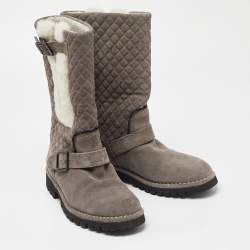 Chanel Grey Quilted Suede and Fur CC Buckle Detail Mid Calf Boots Size 38