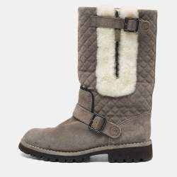 Chanel Grey Quilted Suede and Fur CC Buckle Detail Mid Calf Boots Size 38