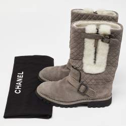 Chanel Grey Quilted Suede and Fur CC Buckle Detail Mid Calf Boots Size 38