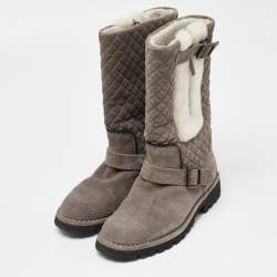 Chanel Grey Quilted Suede and Fur CC Buckle Detail Mid Calf Boots Size 38
