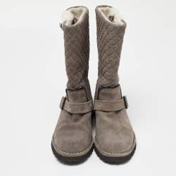 Chanel Grey Quilted Suede and Fur CC Buckle Detail Mid Calf Boots Size 38