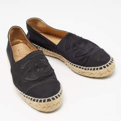 Pre Owned Chanel Black Satin and Canvas CC Espadrille Flats Size 35