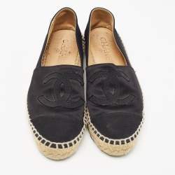 Pre Owned Chanel Black Satin and Canvas CC Espadrille Flats Size 35