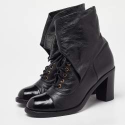 Chanel Black Leather CC Block Heel Ankle Tie Booties Size 36.5