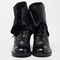 Chanel Black Leather CC Block Heel Ankle Tie Booties Size 36.5