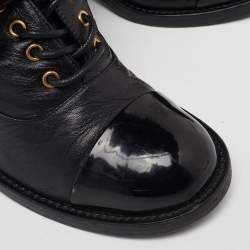 Chanel Black Leather CC Block Heel Ankle Tie Booties Size 36.5