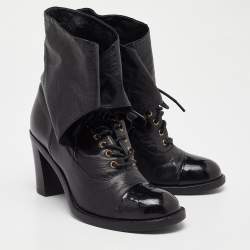 Chanel Black Leather CC Block Heel Ankle Tie Booties Size 36.5