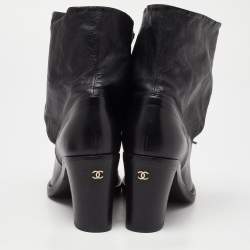Chanel Black Leather CC Block Heel Ankle Tie Booties Size 36.5