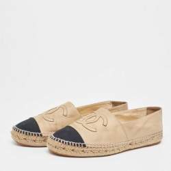 Pre Owned Chanel Beige/Black Canvas and Leather CC Espadrille Flats Size 41