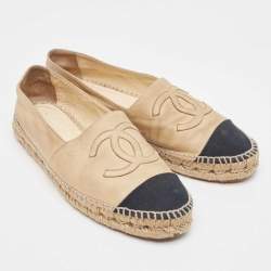 Pre Owned Chanel Beige/Black Canvas and Leather CC Espadrille Flats Size 41
