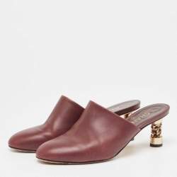 Chanel Burgundy Leather Chain Detail Heel Mules Size 39.5