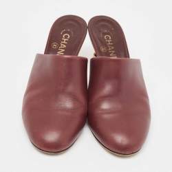 Chanel Burgundy Leather Chain Detail Heel Mules Size 39.5