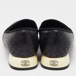 Pre Owned Chanel Black Perforated Leather CC Slip On Loafers Size 38.5