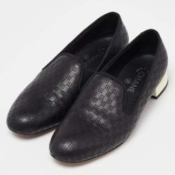 Pre Owned Chanel Black Perforated Leather CC Slip On Loafers Size 38.5