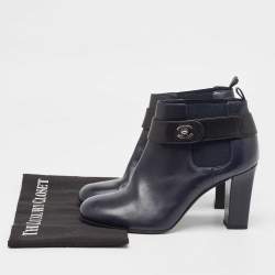 Chanel Navy Blue/Black Leather CC Turnlock Ankle Boots Size 39