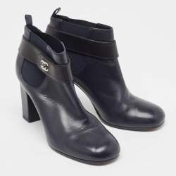 Chanel Navy Blue/Black Leather CC Turnlock Ankle Boots Size 39
