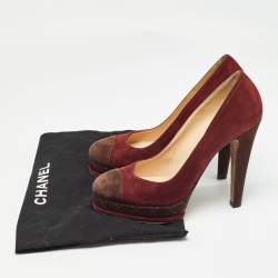 Chanel Burgundy/Brown Suede CC Cap Toe Platform Pumps Size 38