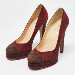 Chanel Burgundy/Brown Suede CC Cap Toe Platform Pumps Size 38