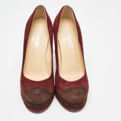 Chanel Burgundy/Brown Suede CC Cap Toe Platform Pumps Size 38