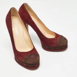 Chanel Burgundy/Brown Suede CC Cap Toe Platform Pumps Size 38