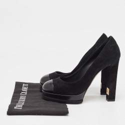 Pre Owned Chanel Black Suede and Leather Cap Toe Platform Pumps Size 38