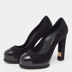 Pre Owned Chanel Black Suede and Leather Cap Toe Platform Pumps Size 38