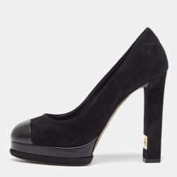 Pre Owned Chanel Black Suede and Leather Cap Toe Platform Pumps Size 38