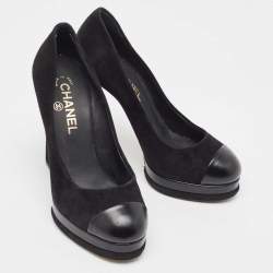 Pre Owned Chanel Black Suede and Leather Cap Toe Platform Pumps Size 38