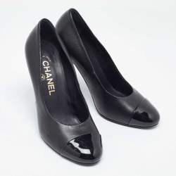 Chanel Black Leather CC Pearl Embellished Heels Cap Toe Pumps Size 36.5