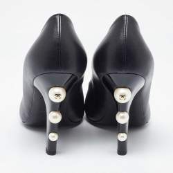 Chanel Black Leather CC Pearl Embellished Heels Cap Toe Pumps Size 36.5