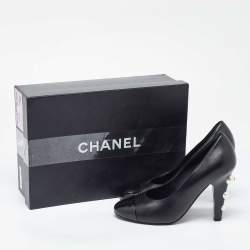 Chanel Black Leather CC Pearl Embellished Heels Cap Toe Pumps Size 36.5