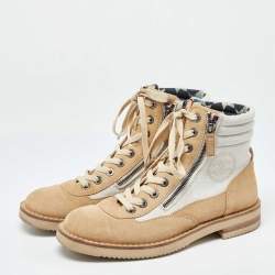 Chanel Beige/White Canvas and Suede CC Ankle Boots Size 40