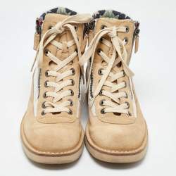 Chanel Beige/White Canvas and Suede CC Ankle Boots Size 40